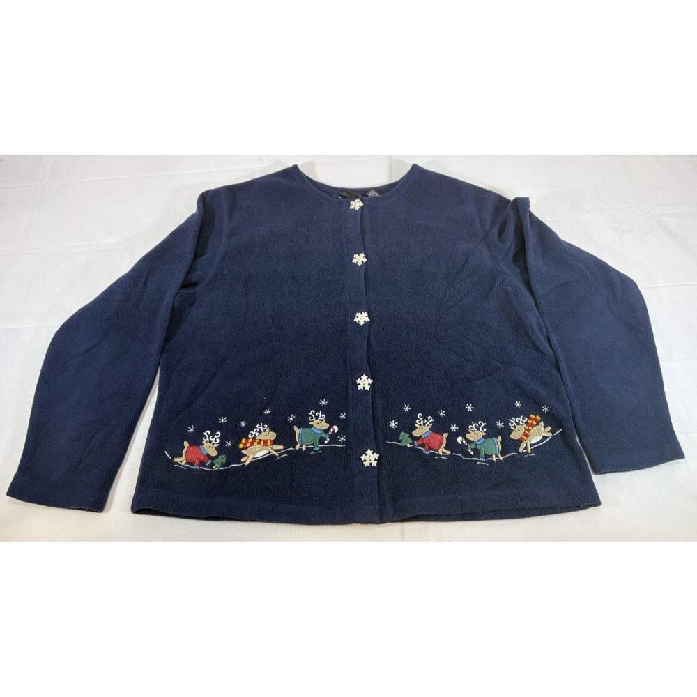 Croft & Barrow Reindeer Christmas Cardigan Sweater Navy Embroidered Women's Sz L